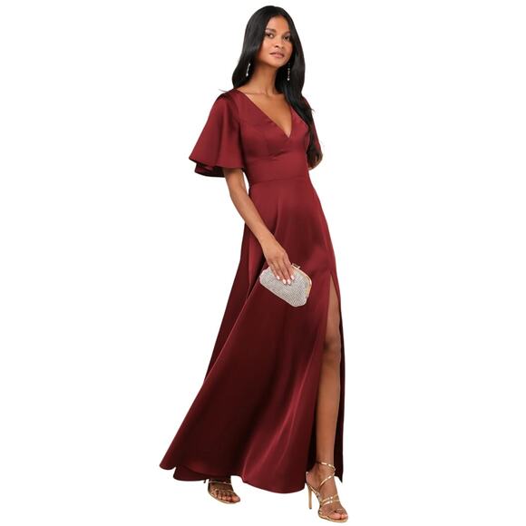 Lulu's Dresses & Skirts - LULUS Elegant Confidence Red Satin Flutter Sleeve Cutout Maxi Dress-Size L